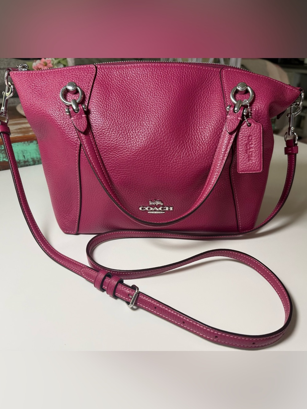 Coach Pebbled Leather Kacey Satchel in Raspberry